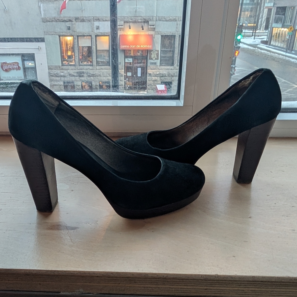 Black suede platform heels